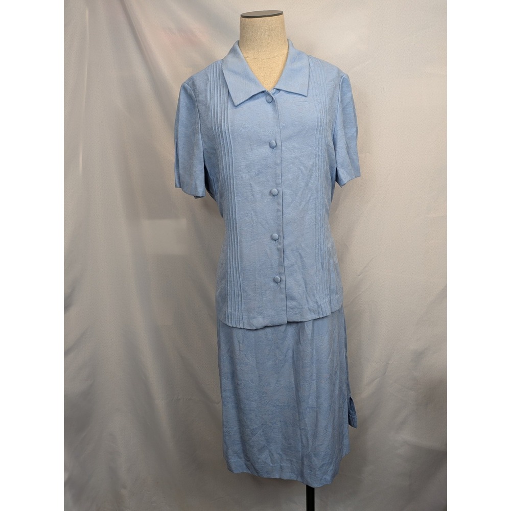 Karin Stevens Skirt Suit Womens 14 Light Blue Rayon Pleated‎ 2 Piece Vintage Set